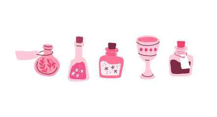 Vector set of pink goblets, witch potion bottles on white. Wizard bottle with elixir. School of magic accessories set. Vector illustration
