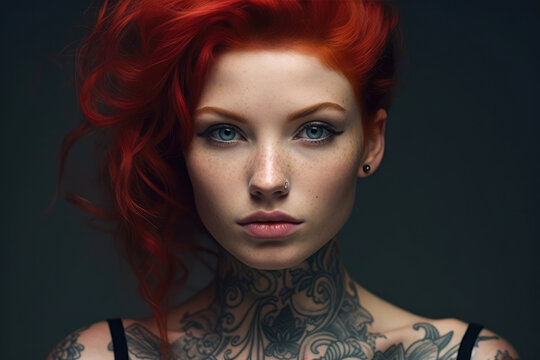 A woman with red hair and tattoos. Generative AI