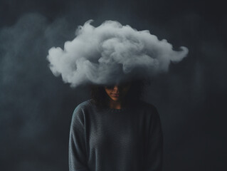 Depressed woman with a smoke cloud around her, addiction, depression, stress, anxiety, suicidal concept