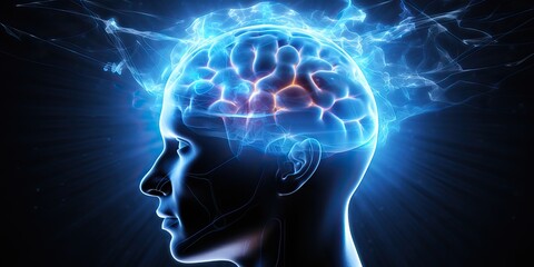 Obraz premium Power Of Mind, psychology and mental health concept. Human head with a luminous brain network, electrical activity, flashes and lightning. 3d render