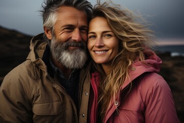 Fototapeta premium Perfect romantic couple smiling and relaxing while on vacation. stylish couple during sunset