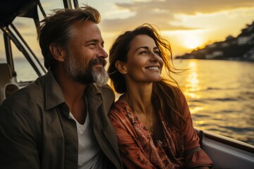 Perfect romantic couple smiling and relaxing while on vacation. stylish couple during sunset - 633840155