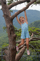 Girl swings from tree branch at mountain-side park