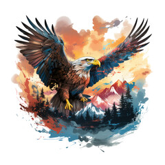 Obraz premium An exhilarating Amerikan Eagle T-Shirt Design portraying an eagle soaring through the clouds, wings fully extended, Generative Ai