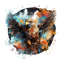 Fototapeta premium An ethereal Amerikan Eagle T-Shirt Design with a celestial theme, featuring an eagle made of stardust and constellations, Generative Ai
