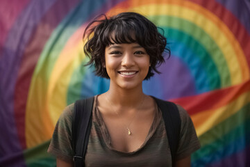Young girl smiling and looking at the viewer, rainbow color background