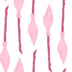 Witch seamless pattern. Elements for witches at school of magic in doodle style on white background - pink flying brooms for girls. Minimalistic Halloween pattern on white background. Vector - 633840572
