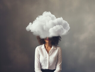 Tired overwhelmed woman in deep depression, negative thinking, a cloud hanging above, depression, stress, anxiety concept