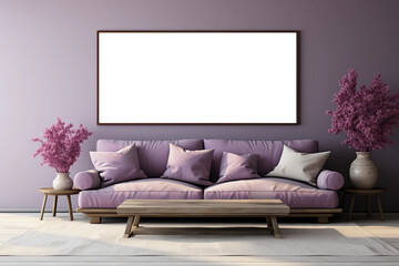 Light purple couch with frames and lamp of a lounge. Generative AI