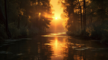 Morning on the river in the forest