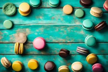 Vintage colorful macaroons over turquoise wood 