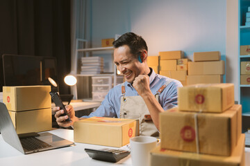 Asian male small business owner using mobile app on smartphone checking parcel box. Warehouse...