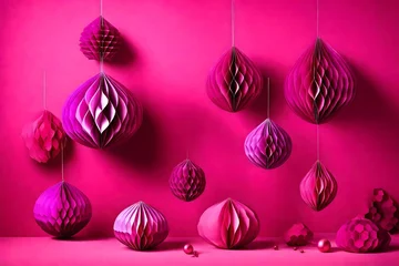 Trendy decorative paper Christmas tree baubles, DIY project, Organic Modern Design, Festive Honeycomb Foldable 3D balls, plastic free. Image toned in viva magenta, color of the year 2023  