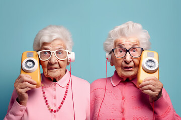 Two elderly ladies trying to communicate over cell phone. Cheerful, minimal concept. Communication, elderly and technology, AI generative.