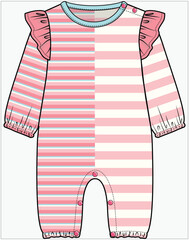 CONTRAST FRILL STRIPER JUMPSUIT, PLAYSUIT, ROMPER, ONESIES DESIGN FOR BABIES, INFANT GIRL AND TODDLER GIRLS IN VECTOR ILLUSTRATION