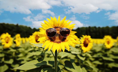 Close up of a sunflower with sunglasses on a hot sunny summer day.