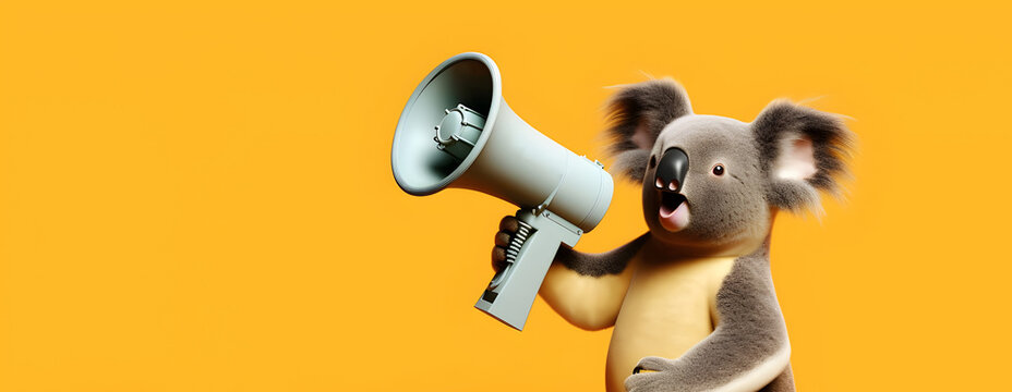 Koala bear announcing using hand speaker. Notifying, warning, announcement