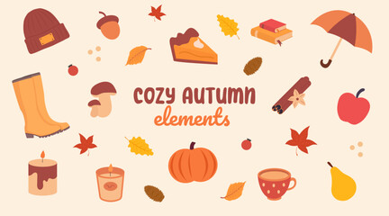 Autumn elements collection. Warm and cozy fall season icons. Clothes, books, cinnamon, pumpkin pie, candles, relax.