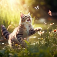 Cat chasing a butterfly in a sunny meadow.