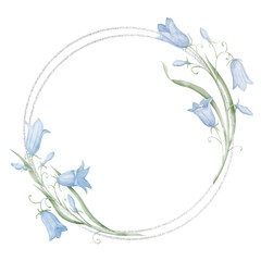 Floral Wreath of Bell Flowers. Hand drawn watercolor round Frame with Bluebells on isolated background. Botanical circular border with wild bellflowers for wedding invitations or greeting cards.