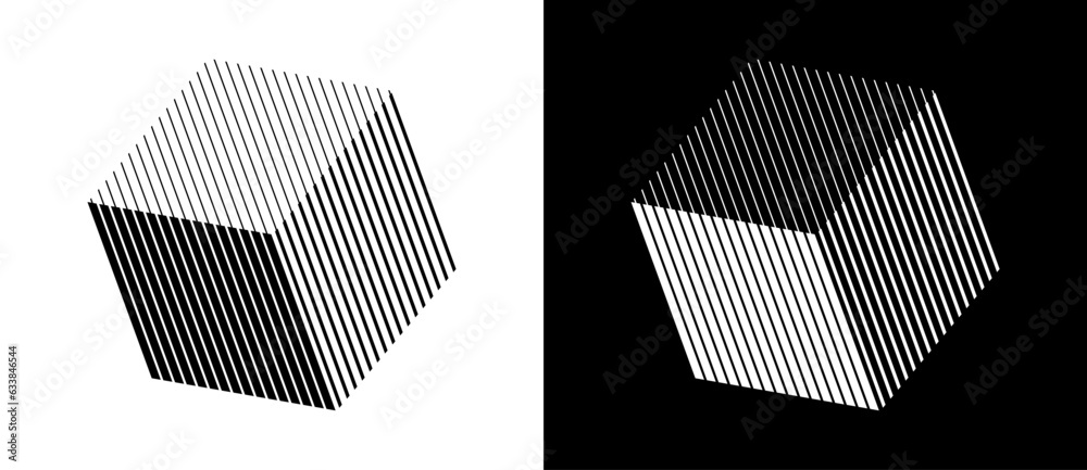 Poster Geometric lines art. Cube shape icon or logo. Black shape on a white background and the same white shape on the black side.