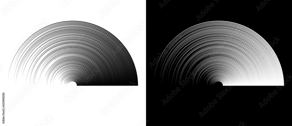 Wall mural Abstract line art geometric background. Dynamic semicircle like a logo or icon. Black shape on a white background and the same white shape on the black side.