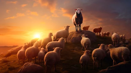 Zelfklevend Fotobehang sheep with cross on the background at sunset © Fantastic