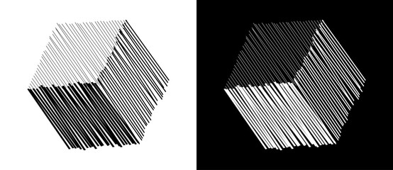 Geometric lines art. Cube shape icon or logo. Black shape on a white background and the same white shape on the black side.