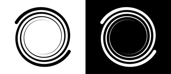 Circle or spiral with two lines. Abstract art geometry background or icon. Black shape on a white background and the same white shape on the black side.