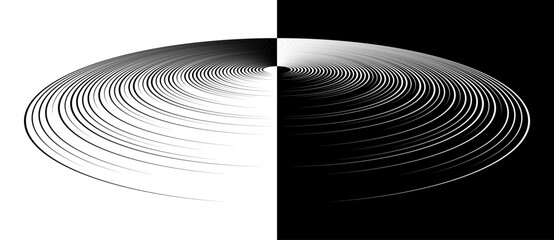 Perspective view to abstract circle with lines. Spiral universe or day and night concept. Black shape on a white background and the same white shape on the black side.