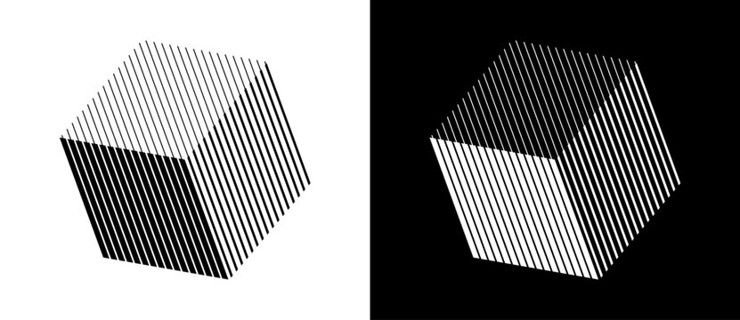 Geometric lines art. Cube shape icon or logo. Black shape on a white background and the same white shape on the black side.