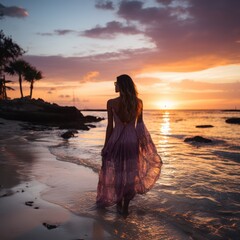 Fototapeta premium Seductive blonde woman in sexy dress posing on the beach in sunset light. Perfect wavy hairs, tan skim body. Summer tropical mood. View from back.