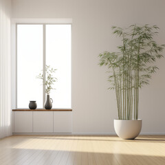 Interior design of zen room with bamboo plant and minimalist style. Created using generative AI