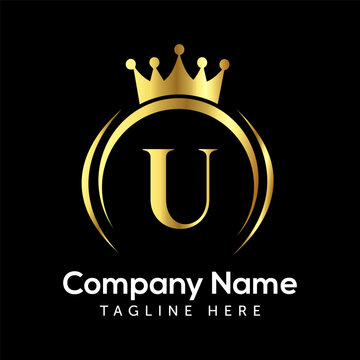 U letter logo design with golden crown vector.