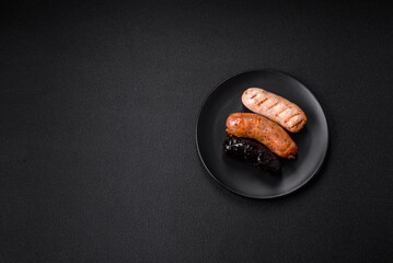 Delicious juicy sausages of several varieties grilled with salt, spices and herbs