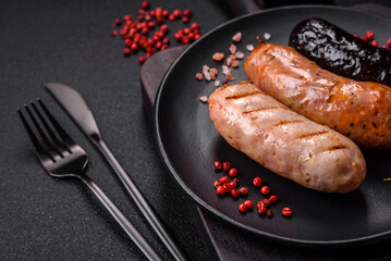 Delicious juicy sausages of several varieties grilled with salt, spices and herbs