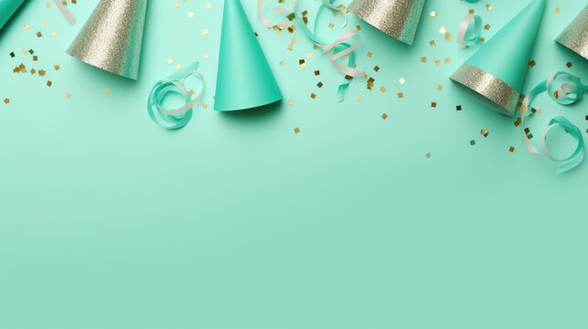 Birthday party decoration hat and confetti on blue background. Top view.Copy space. Created with Generative AI technology.