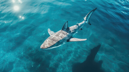 Big shark in the ocean. Top view. Created with Generative AI technology.