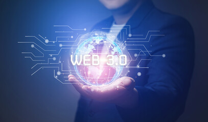 Man showing Web 3.0 concept of website allows users to fully own their digital assets and connect data with technology that users to create storage space at server in the digital world