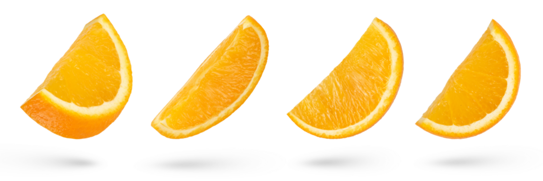 Orange on a white isolated background. Orange slices close up. Suitable for promotional banner or packaging label.
