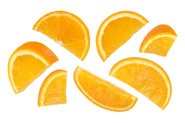 Orange on a white isolated background. Orange slices close up. Suitable for promotional banner or packaging label.