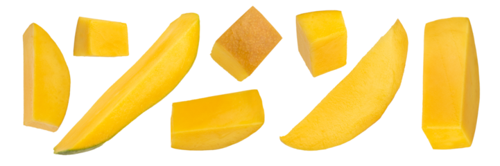 Pieces of ripe mango cut into slices on a white isolated background. Ripe mango from different sides and different ways of cutting. High quality photo.
