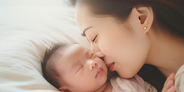 Close up portrait of beautiful young asian caucasian mother day girl kissing healthy newborn baby sleep in bed