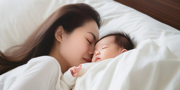Close up portrait of beautiful young asian caucasian mother day girl kissing healthy newborn baby sleep in bed