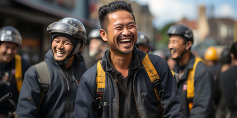 Fototapeta premium candid shot Photo with a team construction worker standing with construction site generative ai