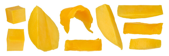 Pieces of ripe mango cut into slices on a white isolated background. Ripe mango from different...