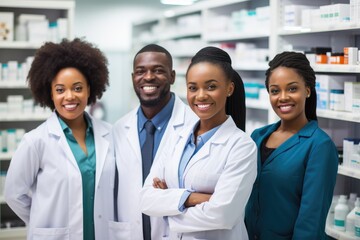 Fototapeta premium Group of pharmacists standing together in a chemist. Generative AI