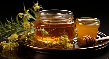 Hemp honey. New technologies of beekeeping. Production of sweets with a vegetable light drug marijuana. Concept: Legalization of cannabis, honeycombs and bees