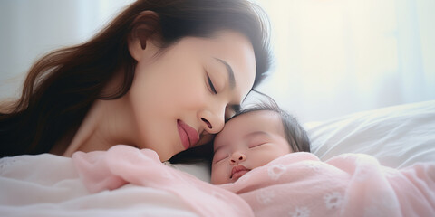 Obraz na płótnie Canvas Close up portrait of beautiful young asian caucasian mother day girl kissing healthy newborn baby sleep in bed.Generative ai