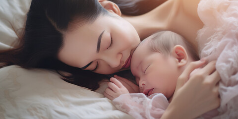 Close up portrait of beautiful young asian caucasian mother day girl kissing healthy newborn baby sleep in bed,generative ai